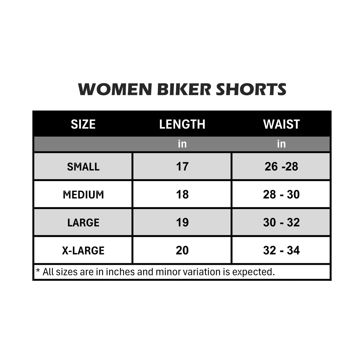 Women's Biker Shorts Size Chart - Swift Wears